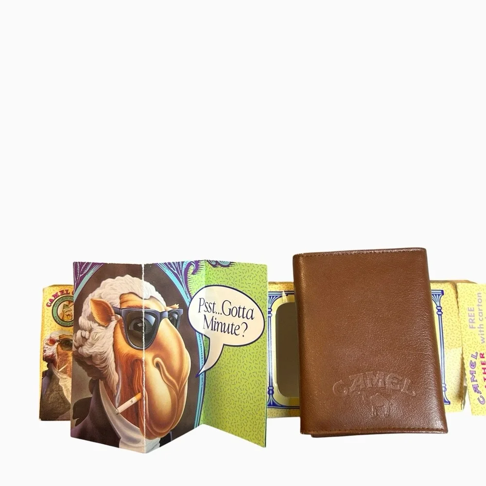 VTG Joe Camel Tobacco Brown Leather Folding Wallet In Box